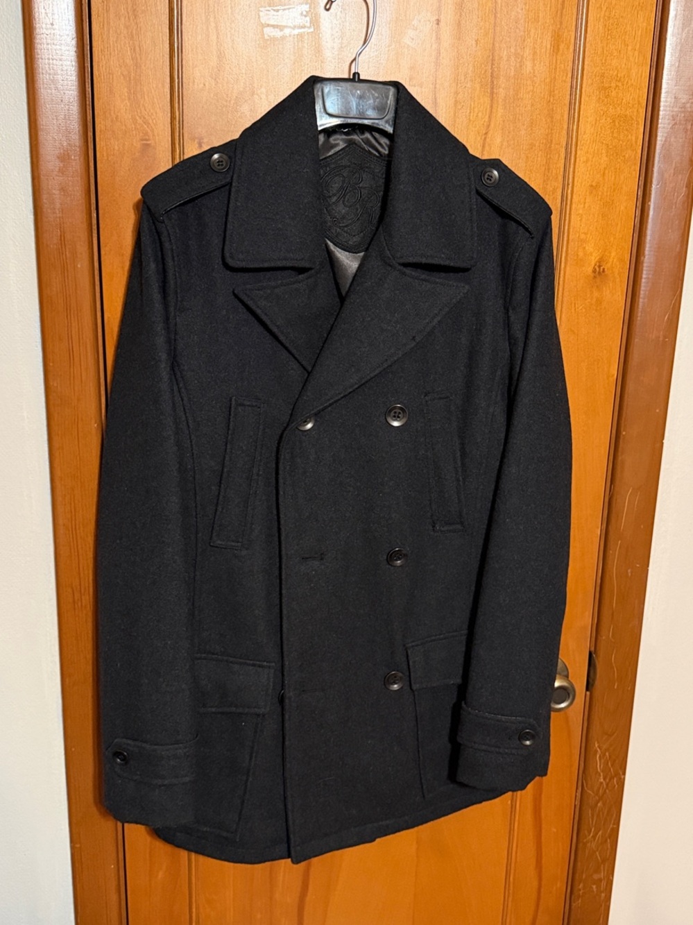 Charcoal Grey Rivet Men's Black Double-Breasted Pea Coat